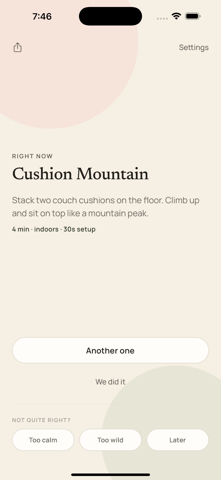 Tiny Missions home screen showing the Cushion Mountain activity